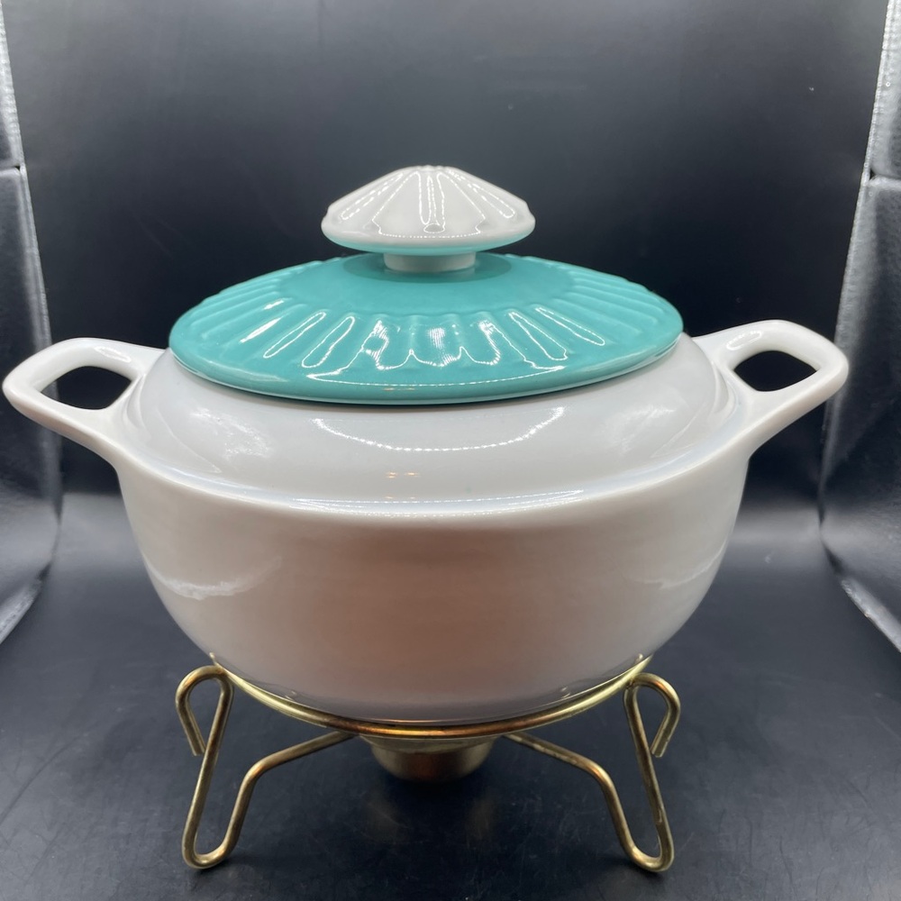 California Pottery MCM Casserole/Fondue w Turquoise Lid & Original Chafer Stand
